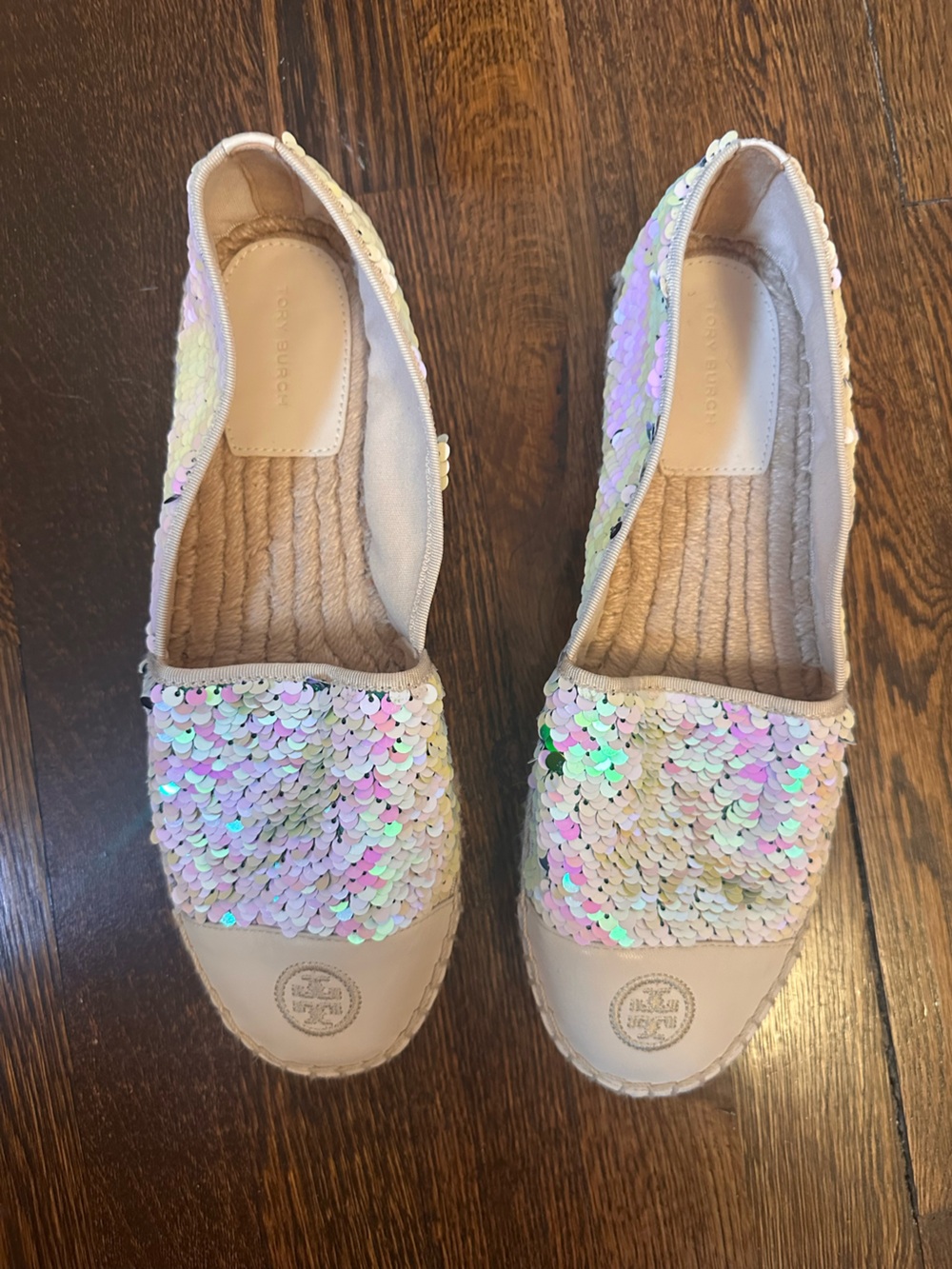 Tory Burch Sequin Espadrille Flats in Iridescent Pink and green size 11 NWT